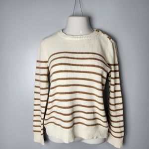 Talbots Ivory Gold Stripe Crewneck Sweater L